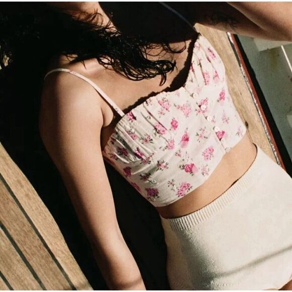 Zara Floral Eyelet Button Front Cropped Corset Style Top Women's Size Small - Picture 1 of 10